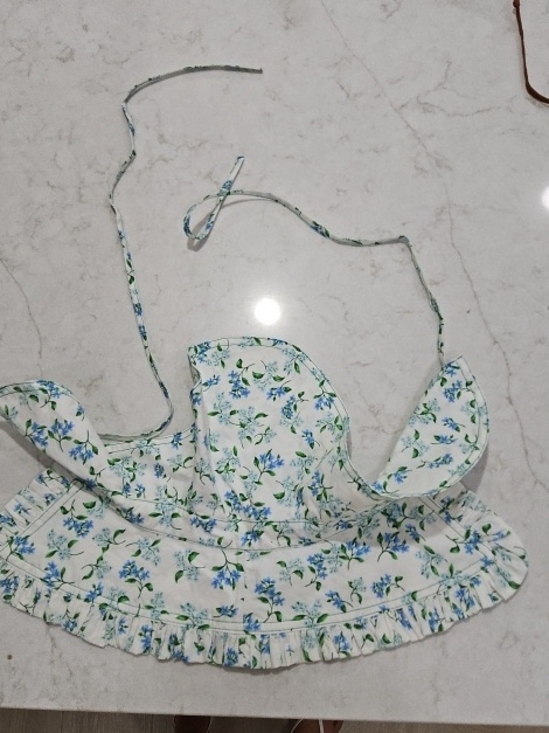 HUNTER BELL Accessories - HUNTER BELL White Floral Ruffle Crop Top with Blue and Green Print